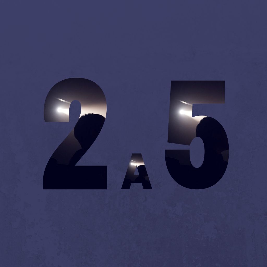 le chiffre 2 et le chiffre 5 sont sur fond bleu, en fond une silhouette dans l'obscurité