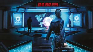 une femme dans une agence d'espionnage tient une malette au fond de la pièce un homme en manteau avec un chapeau attend dans le noir