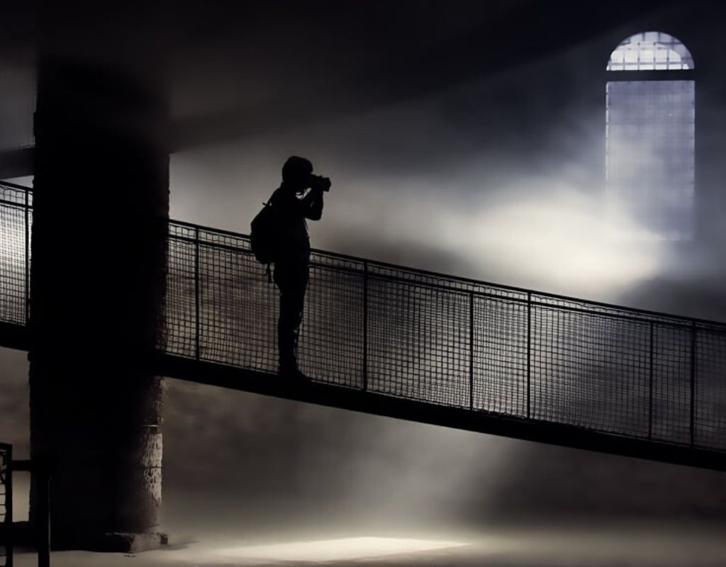 Contact un homme avec des jumelles sur une passerelle dans l'obscurité seule lumière celle provenant d'une fenêtre