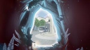 en premier plan un lutin tient une lanterne à travers un portail vortex on aperçoit la fontaine des éléphants et un bus synchrobus en arrière plan le château des ducs de savoie