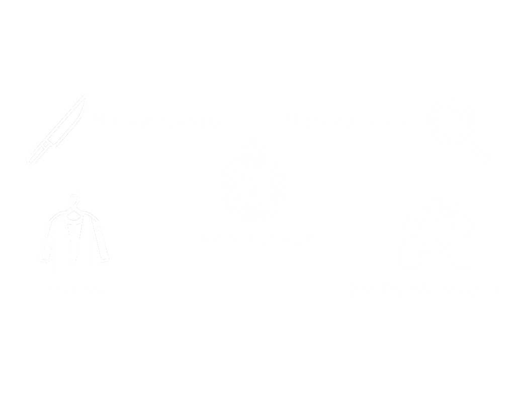 un couteau, un costume, une montre, une loupe, des personnes qui conversent sont les icônes qui représentent la murder party