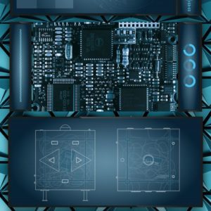 vue d'un circuit électronique sur fond bleu